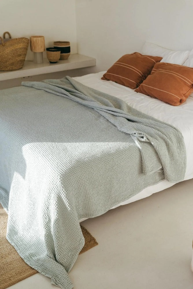 Linen waffle blanket in Sage Green. Sofa cover in Green. Linen waffle bedspread