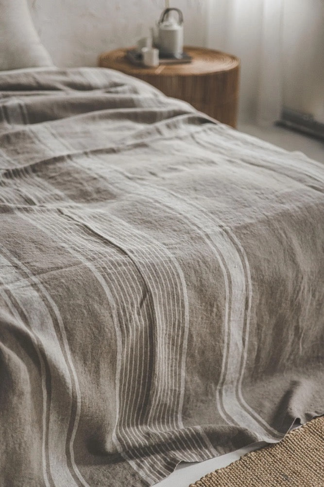 Natural Linen Bedspread with Stripes - Rustic Farmhouse Bedding, Handmade Linen Blanket, Soft & Breathable Coverlet