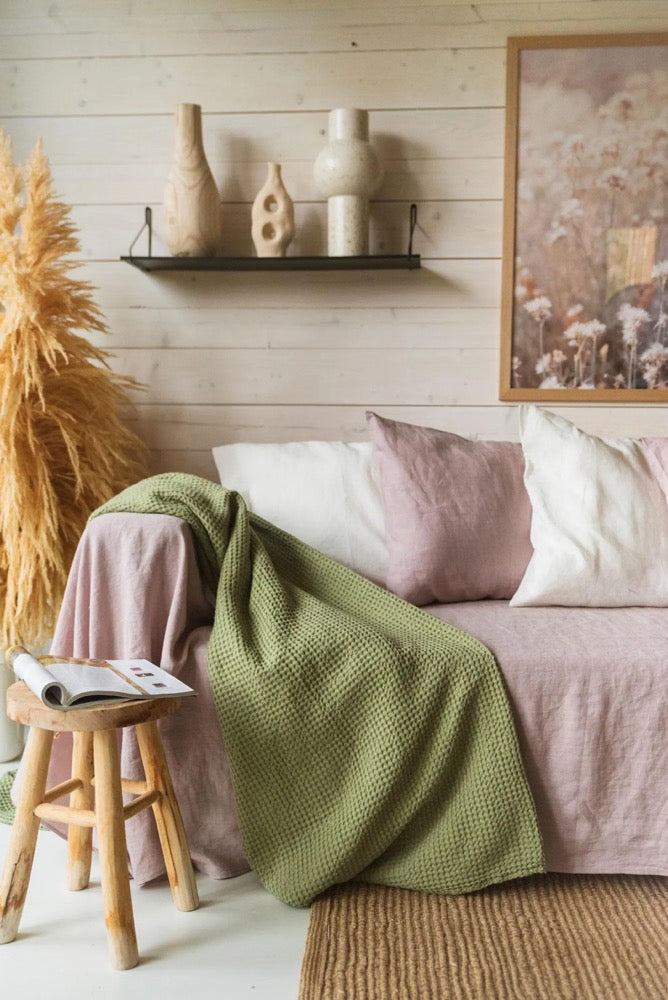 Linen waffle blanket in Sage Green. Sofa cover in Green. Linen waffle bedspread