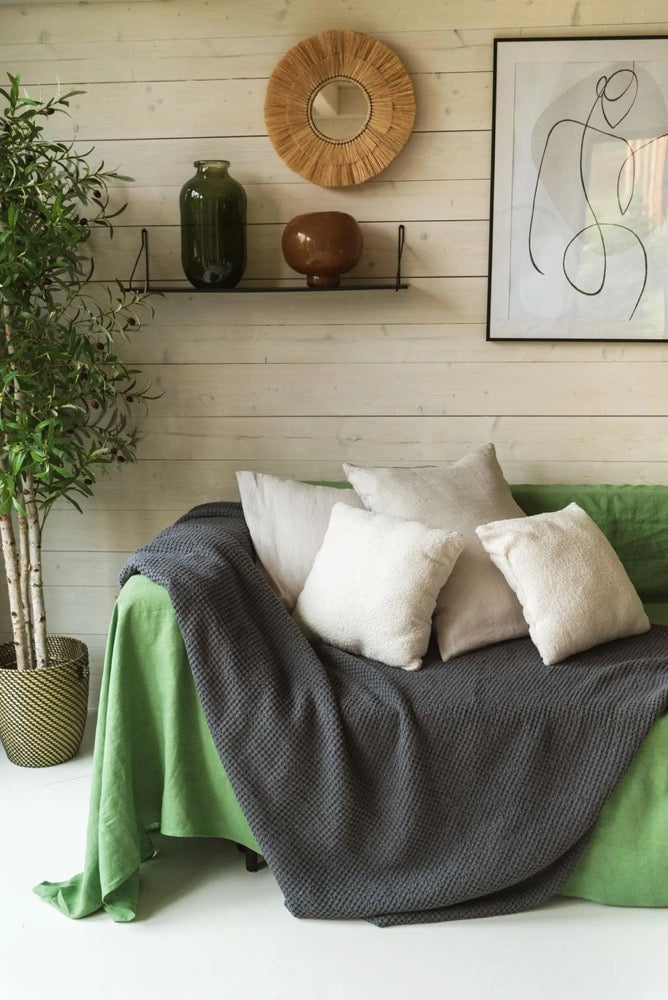 Linen waffle blanket in Sage Green. Sofa cover in Green. Linen waffle bedspread