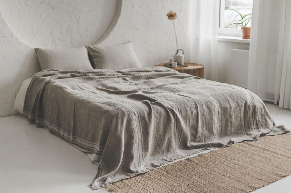 Natural Linen Bedspread with Stripes - Rustic Farmhouse Bedding, Handmade Linen Blanket, Soft & Breathable Coverlet