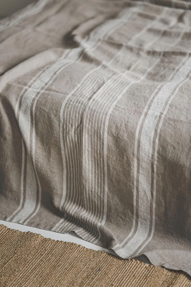 Natural Linen Bedspread with Stripes - Rustic Farmhouse Bedding, Handmade Linen Blanket, Soft & Breathable Coverlet