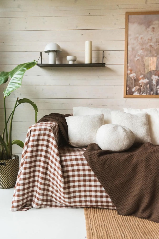 Linen waffle blanket in Sage Green. Sofa cover in Green. Linen waffle bedspread