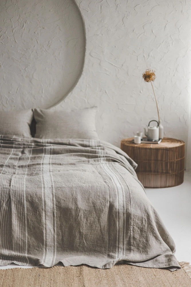 Natural Linen Bedspread with Stripes - Rustic Farmhouse Bedding, Handmade Linen Blanket, Soft & Breathable Coverlet