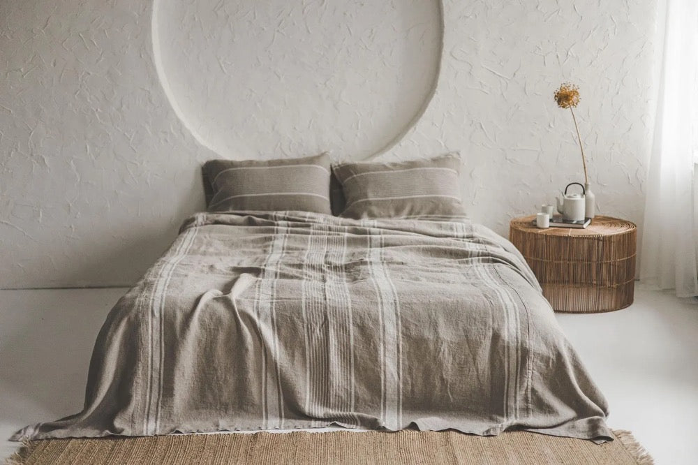 Natural Linen Bedspread with Stripes - Rustic Farmhouse Bedding, Handmade Linen Blanket, Soft & Breathable Coverlet